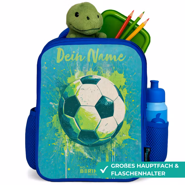 Kinderrucksack mit Namen - Blau - Fußball-Vibes - Farbkleckse - Grün - Blau — 3