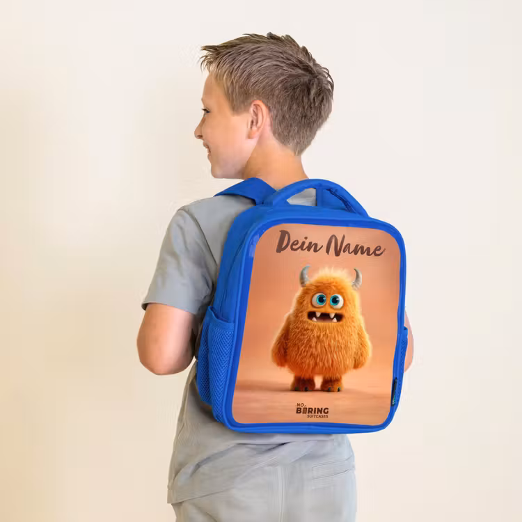 Kinderrucksack - Blau - Orangefarbenes flauschiges Monster mit Hörnern — 2
