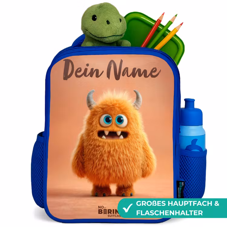 Kinderrucksack - Blau - Orangefarbenes flauschiges Monster mit Hörnern — 3