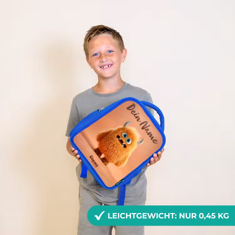 Kinderrucksack - Blau - Orangefarbenes flauschiges Monster mit Hörnern — 4