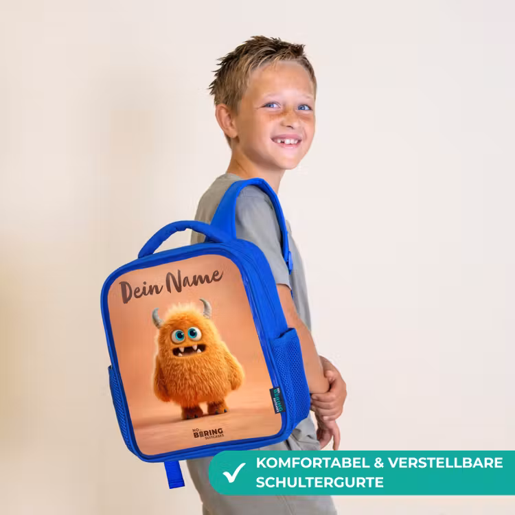 Kinderrucksack - Blau - Orangefarbenes flauschiges Monster mit Hörnern — 5