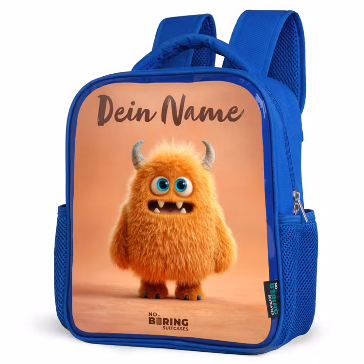 Kinderrucksack - Blau - Orangefarbenes flauschiges Monster mit Hörnern — 7