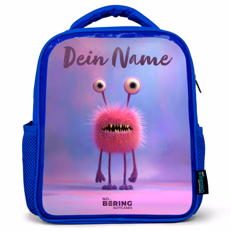 Kinderrucksack - Blau - Rosa pelziges Monster mit großen Augen — 1