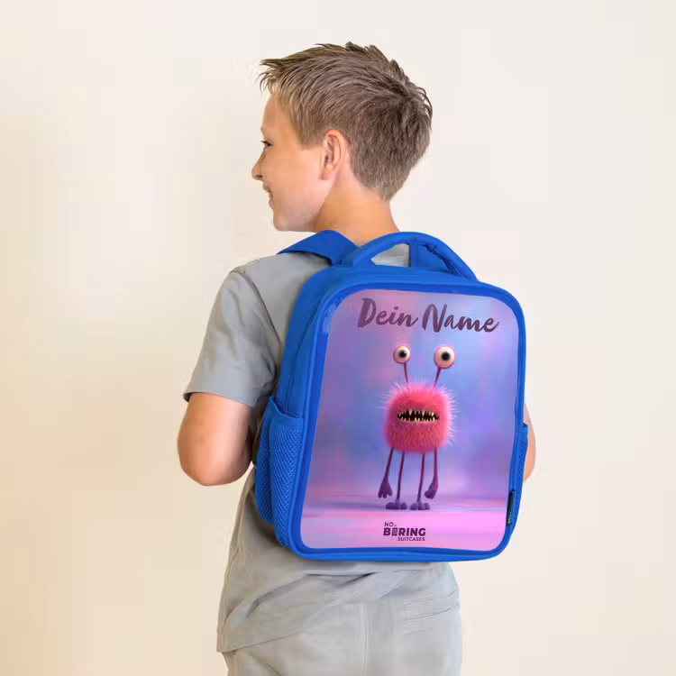 Kinderrucksack - Blau - Rosa pelziges Monster mit großen Augen — 2