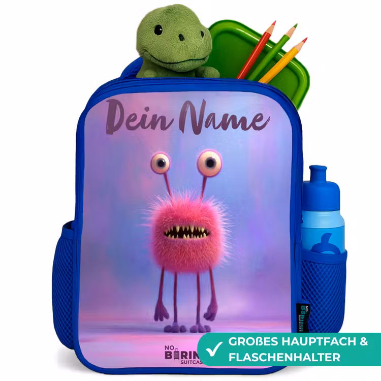 Kinderrucksack - Blau - Rosa pelziges Monster mit großen Augen — 3