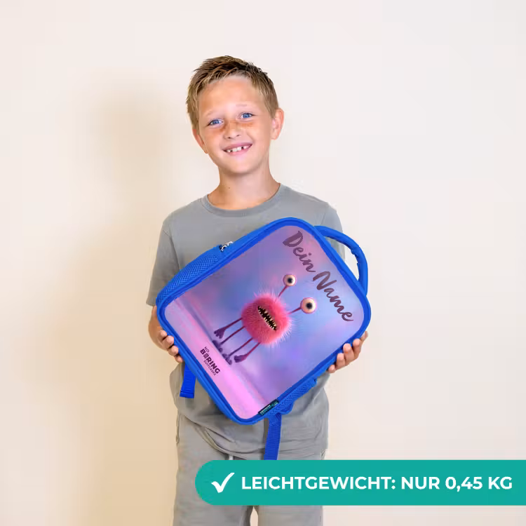 Kinderrucksack - Blau - Rosa pelziges Monster mit großen Augen — 4