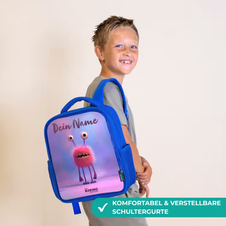 Kinderrucksack - Blau - Rosa pelziges Monster mit großen Augen — 5