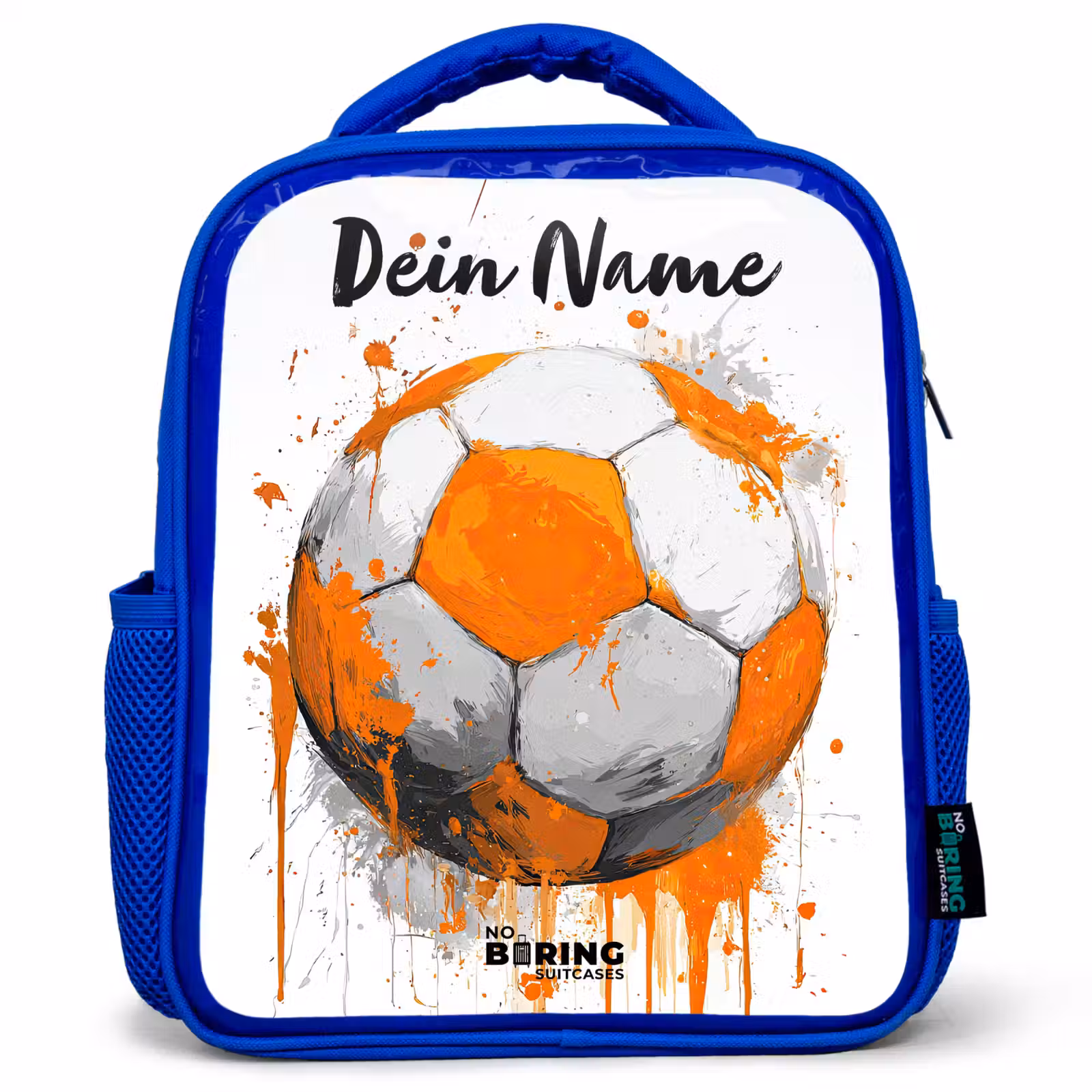 Kinderrucksack mit Namen - Blau - Fußball-Vibes - Farbe - Orange — 1
