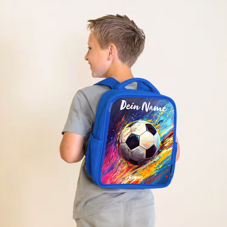 Kinderrucksack mit Namen - Blau - Neon - Fußball - Farbenfroh — 2