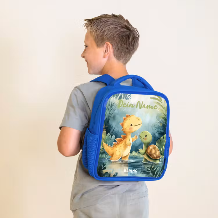 Kinderrucksack mit Namen - Blau - Dino - Schildkröte - Dschungel — 2