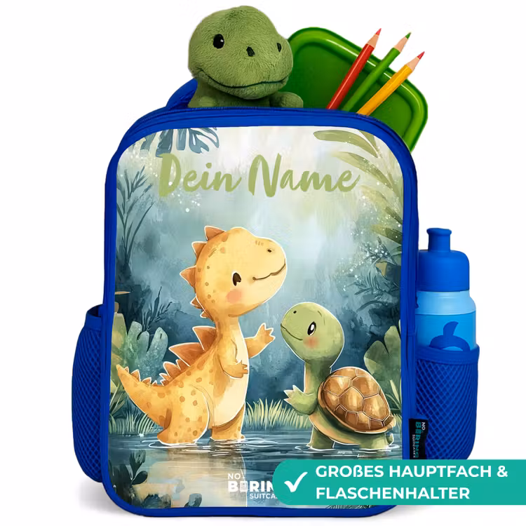 Kinderrucksack mit Namen - Blau - Dino - Schildkröte - Dschungel — 3
