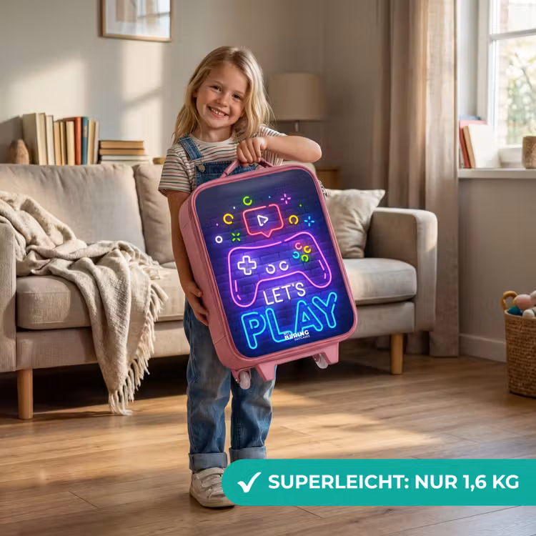 Kinderkoffer Rosa - Neon-Controller vor einer Backsteinmauer — 3