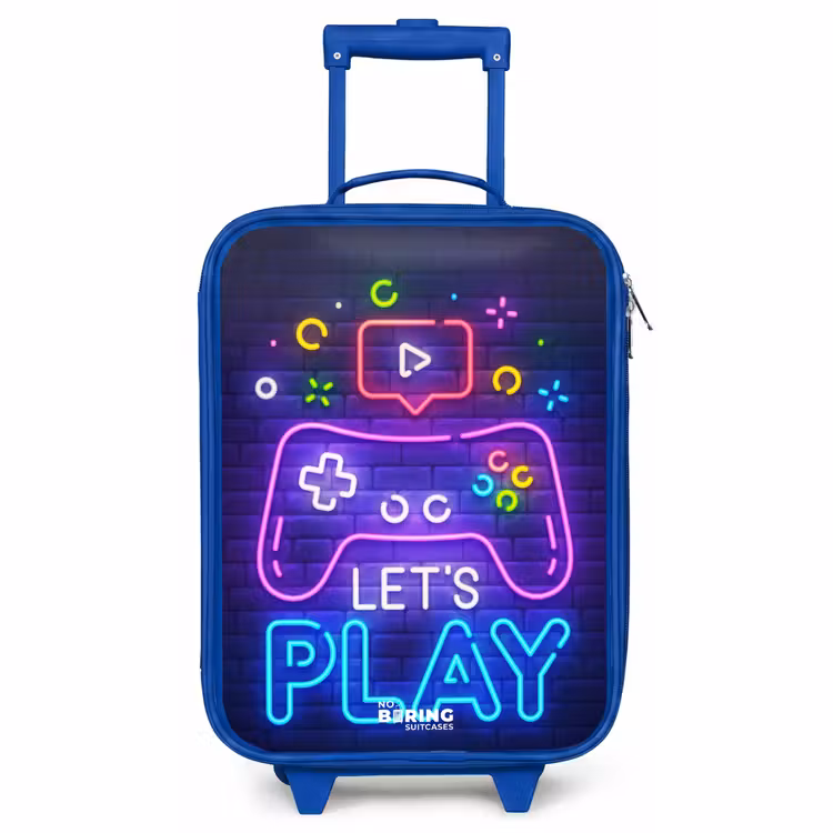 Kinderkoffer Blau - Neon-Controller vor einer Backsteinmauer — 1
