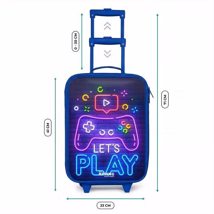 Kinderkoffer Blau - Neon-Controller vor einer Backsteinmauer — 7