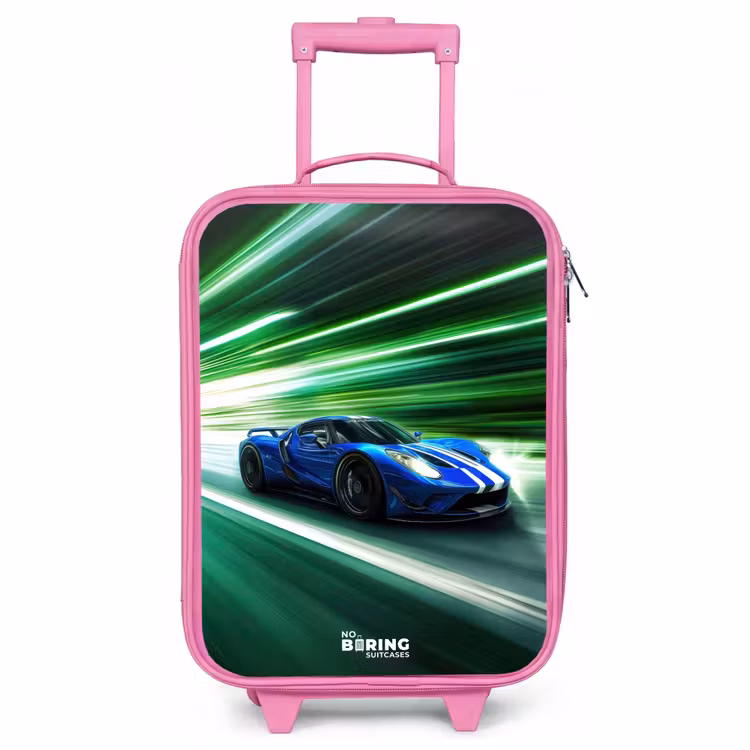 Kinderkoffer Rosa - Blauer Rennwagen mit Streifen in grünem Tunnel — 1