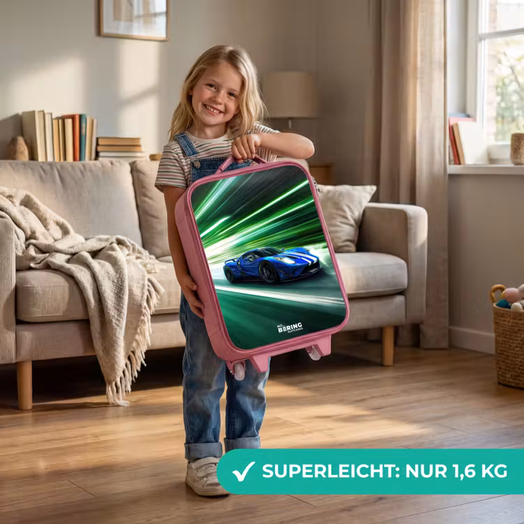 Kinderkoffer Rosa - Blauer Rennwagen mit Streifen in grünem Tunnel — 3