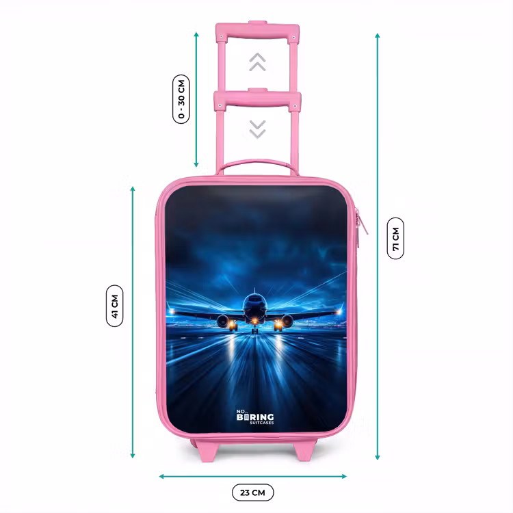 Kinderkoffer Rosa - Ein Flugzeug hebt in einer futuristischen Nachtlandschaft ab — 7