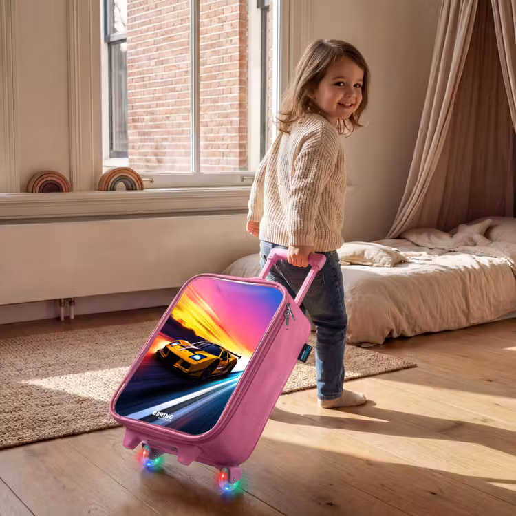 Kinderkoffer Rosa - Gelber Rennwagen bei farbenfrohem Sonnenuntergang — 2