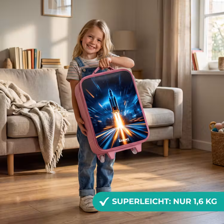 Kinderkoffer Rosa - Weltraumrakete hebt in nächtlicher Lichtshow ab — 3