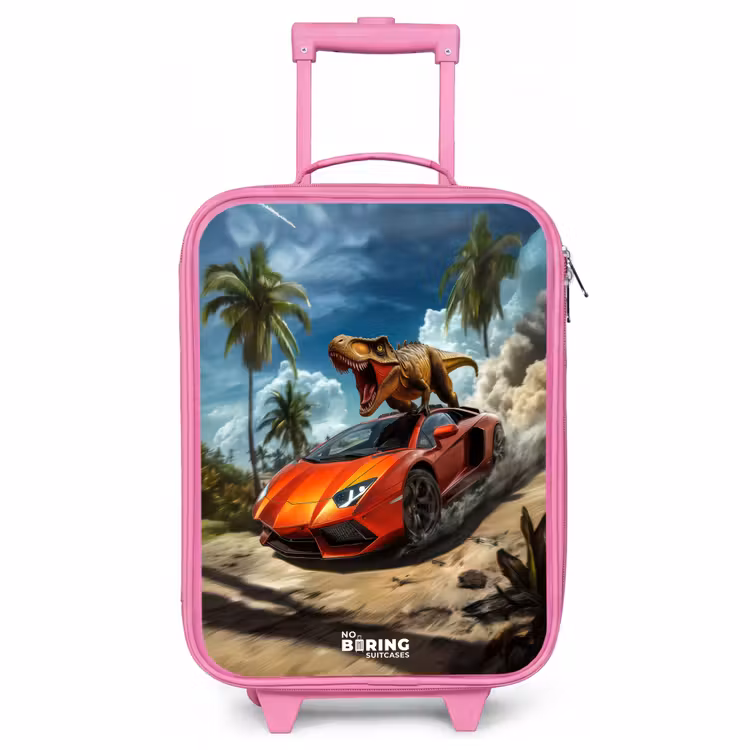 Kinderkoffer Rosa - Roter Sportwagen mit Dino rast durch tropischen Strand — 1