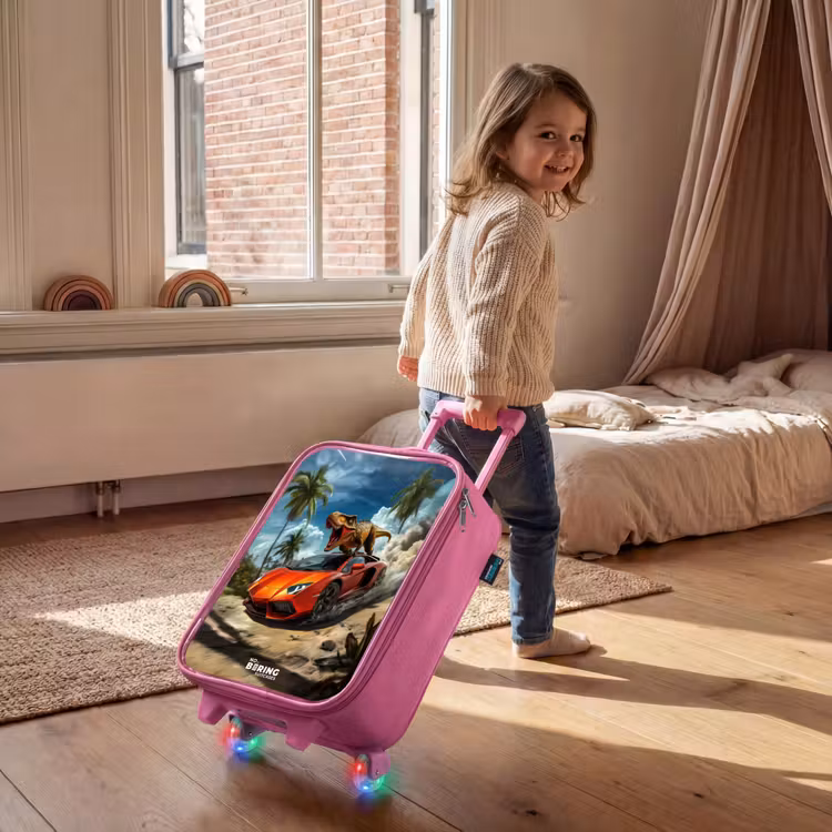 Kinderkoffer Rosa - Roter Sportwagen mit Dino rast durch tropischen Strand — 2