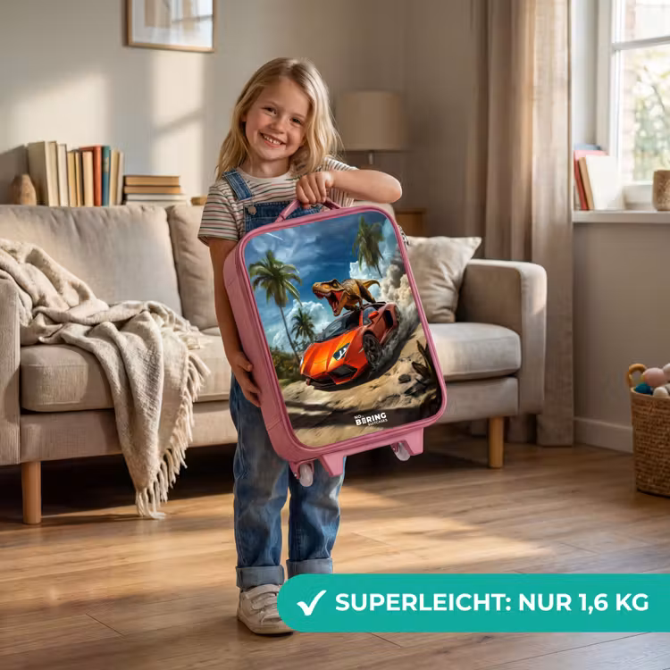 Kinderkoffer Rosa - Roter Sportwagen mit Dino rast durch tropischen Strand — 3