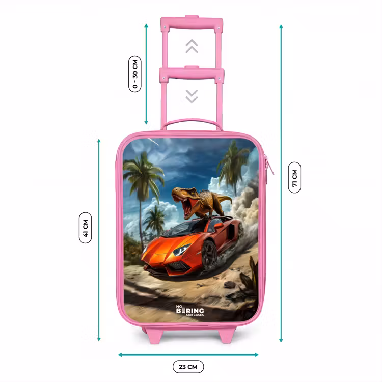 Kinderkoffer Rosa - Roter Sportwagen mit Dino rast durch tropischen Strand — 7