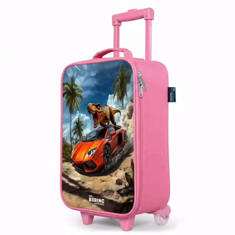 Kinderkoffer Rosa - Roter Sportwagen mit Dino rast durch tropischen Strand — 8