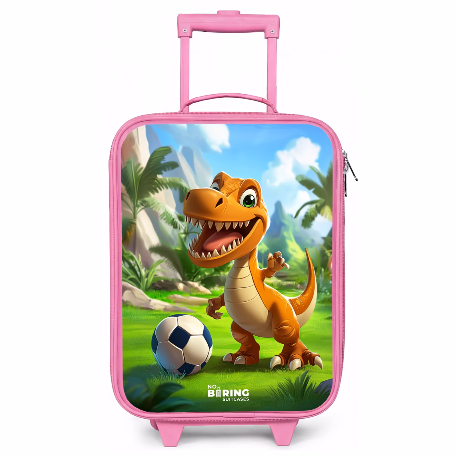 Kinderkoffer Rosa - Dino mit einem Fußball in grüner Landschaft — 1