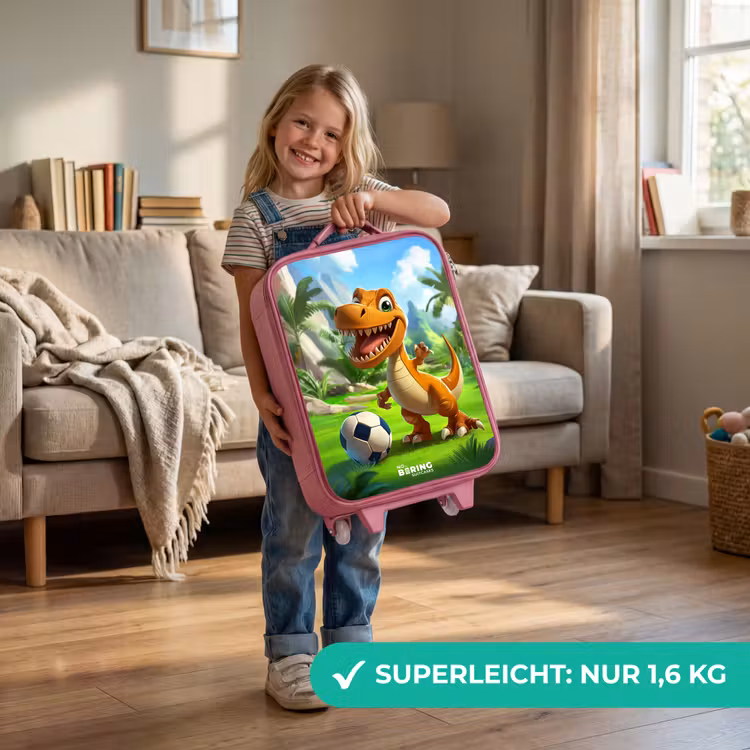 Kinderkoffer Rosa - Dino mit einem Fußball in grüner Landschaft — 3