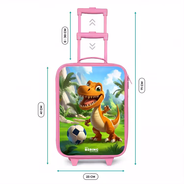 Kinderkoffer Rosa - Dino mit einem Fußball in grüner Landschaft — 7