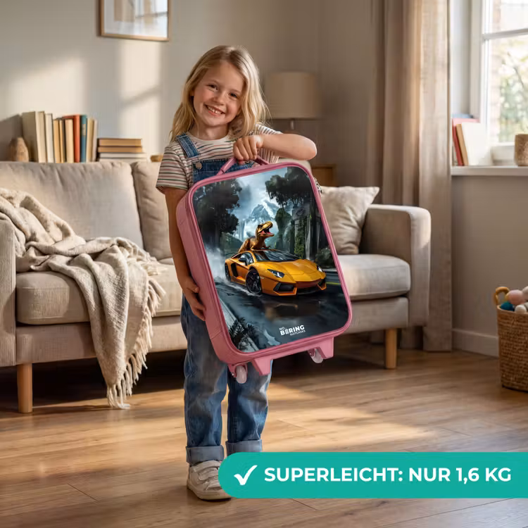 Kinderkoffer Rosa - T-Rex auf orangefarbenem Sportwagen im verregneten Wald — 3
