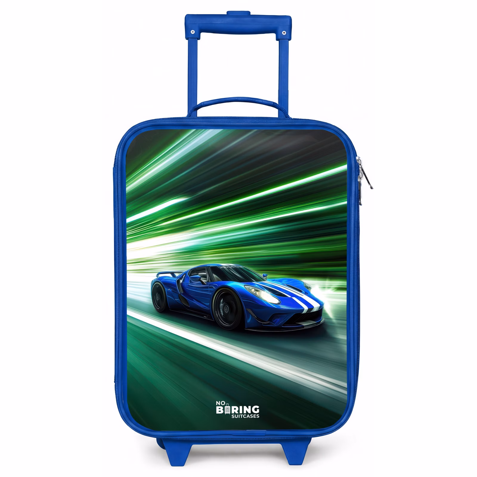 Kinderkoffer Blau - Blauer Rennwagen mit Streifen in grünem Tunnel — 1