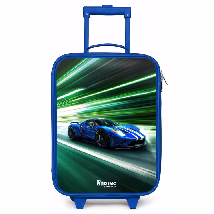 Kinderkoffer Blau - Blauer Rennwagen mit Streifen in grünem Tunnel — 1