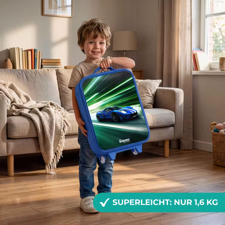 Kinderkoffer Blau - Blauer Rennwagen mit Streifen in grünem Tunnel — 3