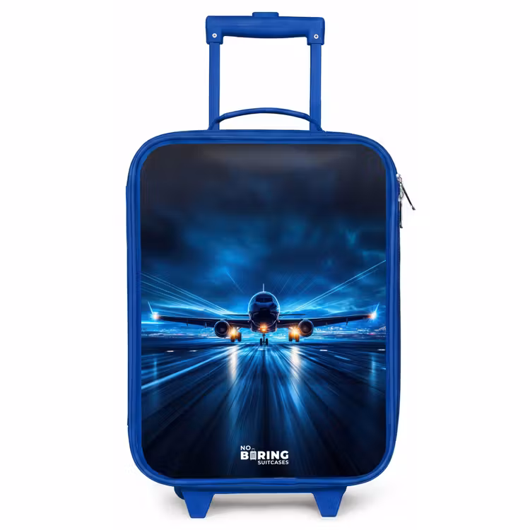 Kinderkoffer Blau - Ein Flugzeug hebt in einer futuristischen Nachtlandschaft ab — 1