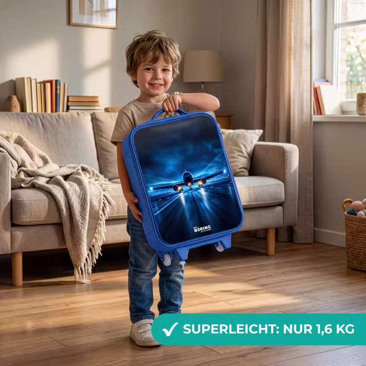 Kinderkoffer Blau - Ein Flugzeug hebt in einer futuristischen Nachtlandschaft ab — 3