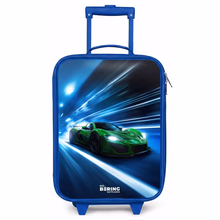 Kinderkoffer Blau - Grünes Superauto blinkt durch Neonlichter — 1