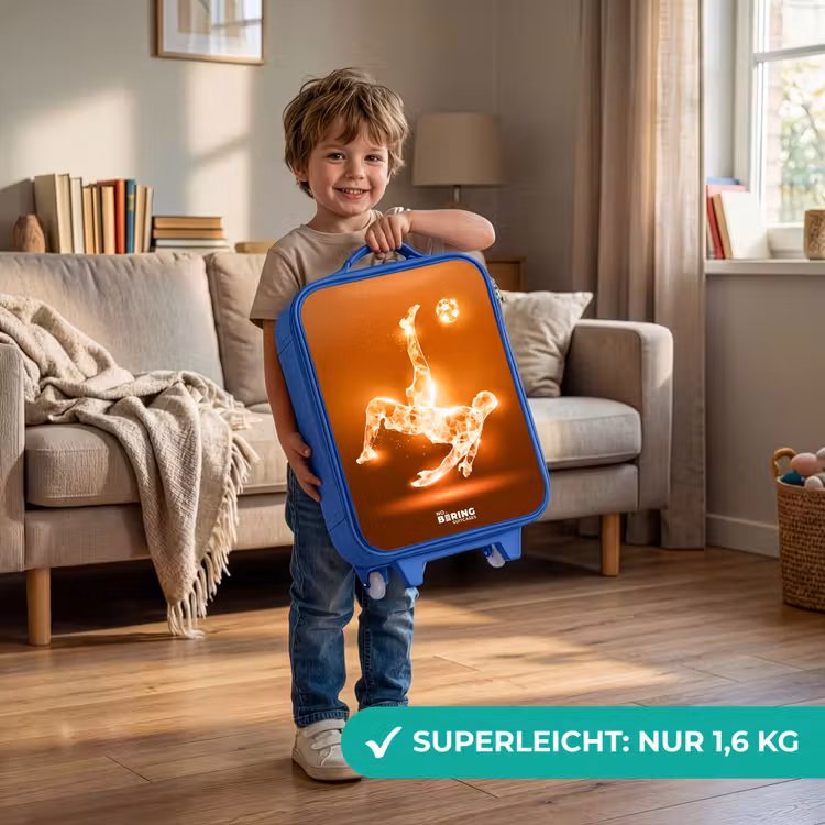 Kinderkoffer Blau - Orangefarbener Leichtfußballer im Schwebemoment — 3