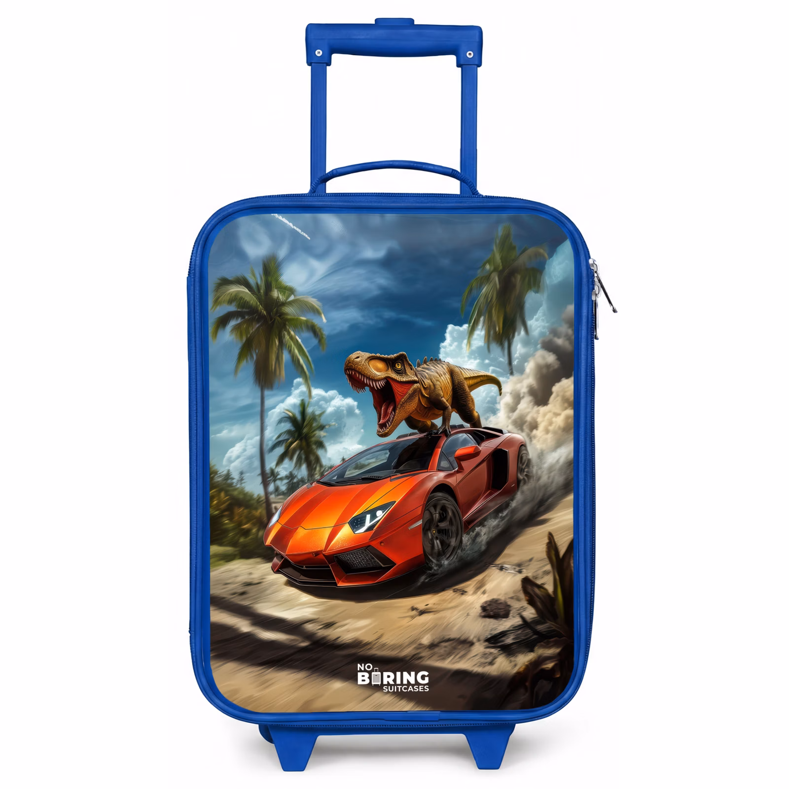 Kinderkoffer Blau - Roter Sportwagen mit Dino rast durch tropischen Strand — 1