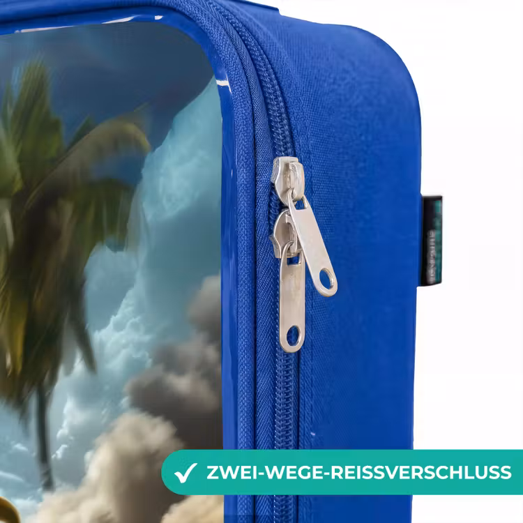 Kinderkoffer Blau - Roter Sportwagen mit Dino rast durch tropischen Strand — 5