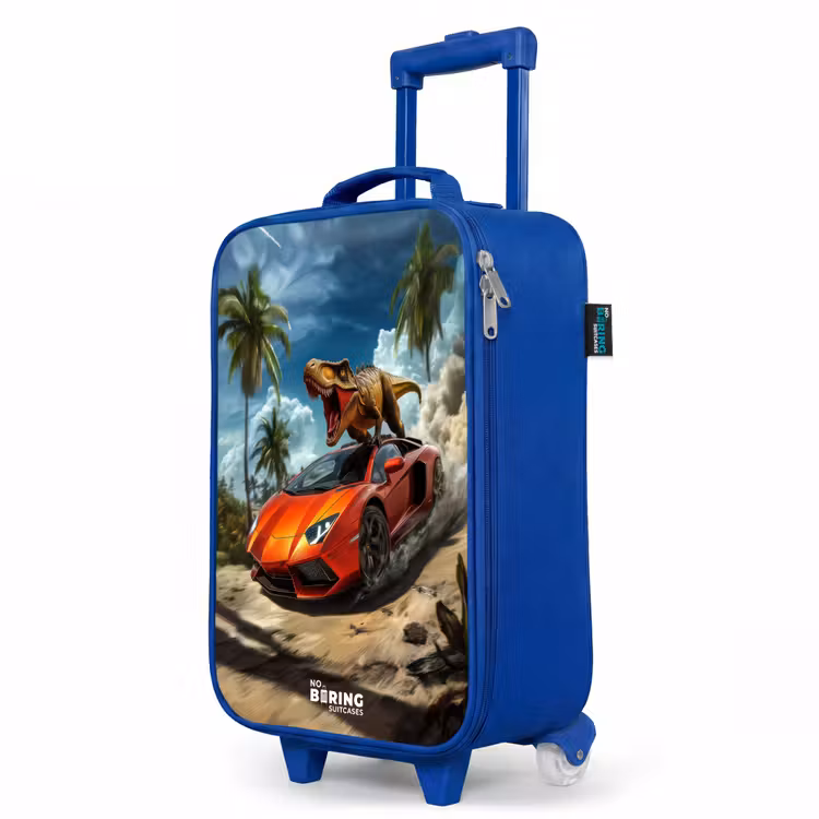 Kinderkoffer Blau - Roter Sportwagen mit Dino rast durch tropischen Strand — 8