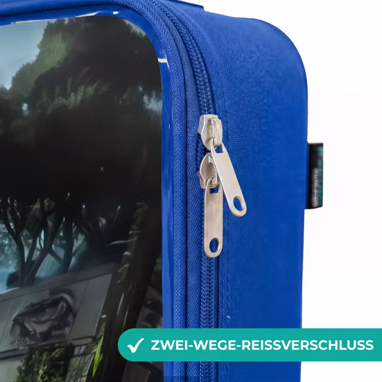 Kinderkoffer Blau - T-Rex auf orangefarbenem Sportwagen im verregneten Wald — 5