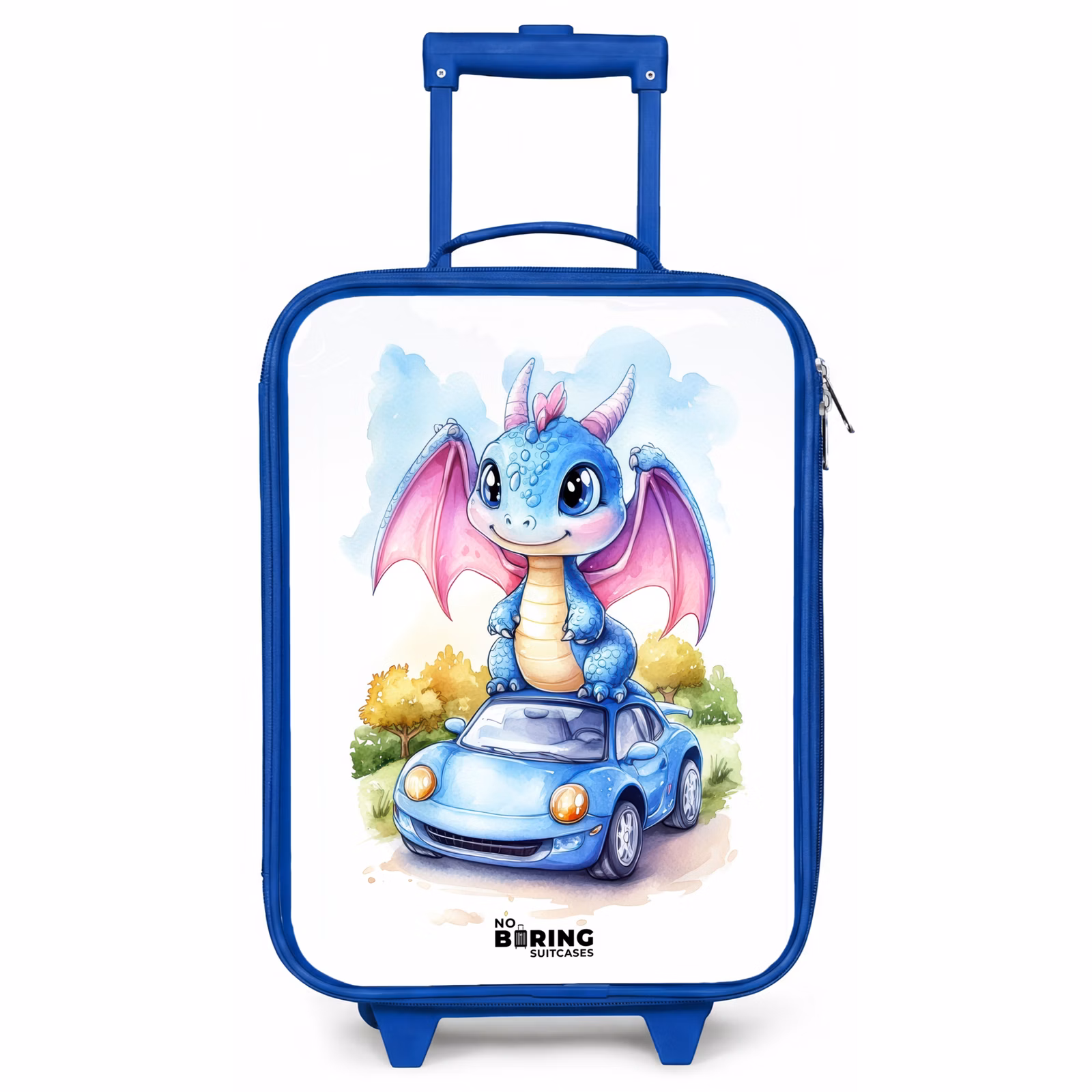 Kinderkoffer Blau - Baby-Drache auf blauem Auto in bewaldeter Landschaft — 1