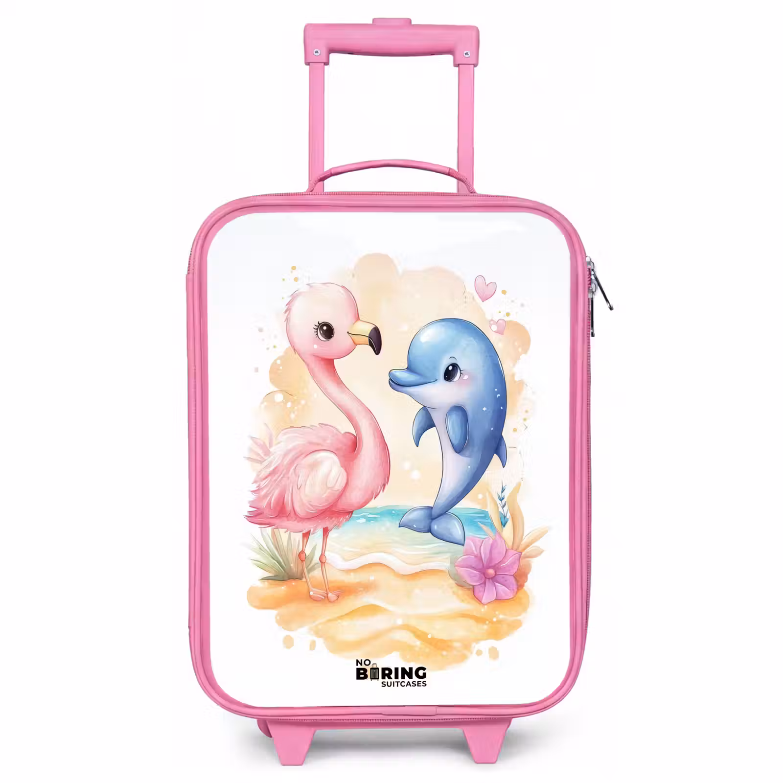 Kinderkoffer Rosa - Rosa Flamingo und blauer Delfin am Strand — 1