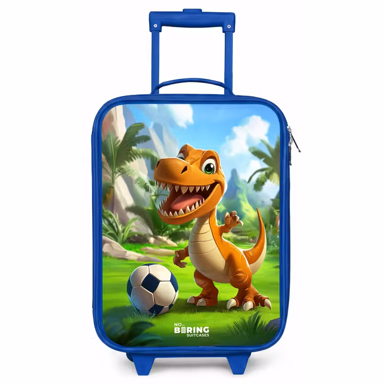 Kinderkoffer Blau - Dino mit einem Fußball in grüner Landschaft — 1