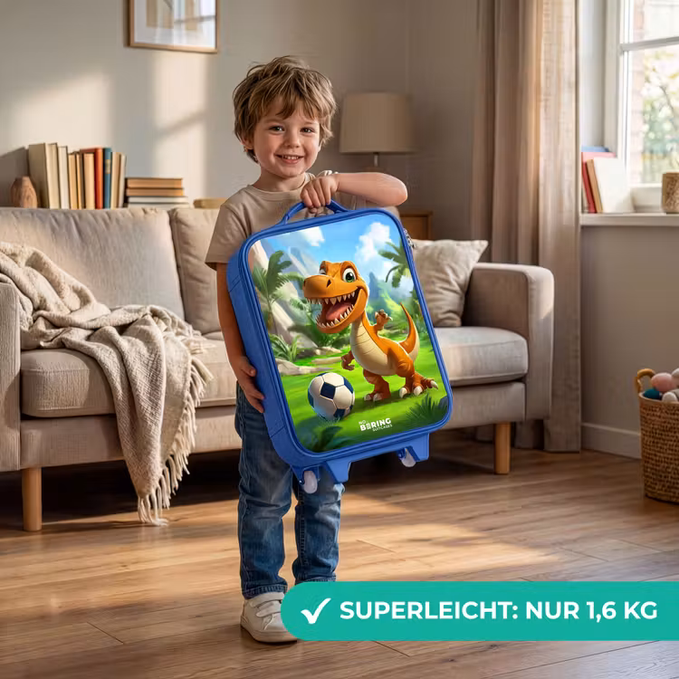 Kinderkoffer Blau - Dino mit einem Fußball in grüner Landschaft — 3