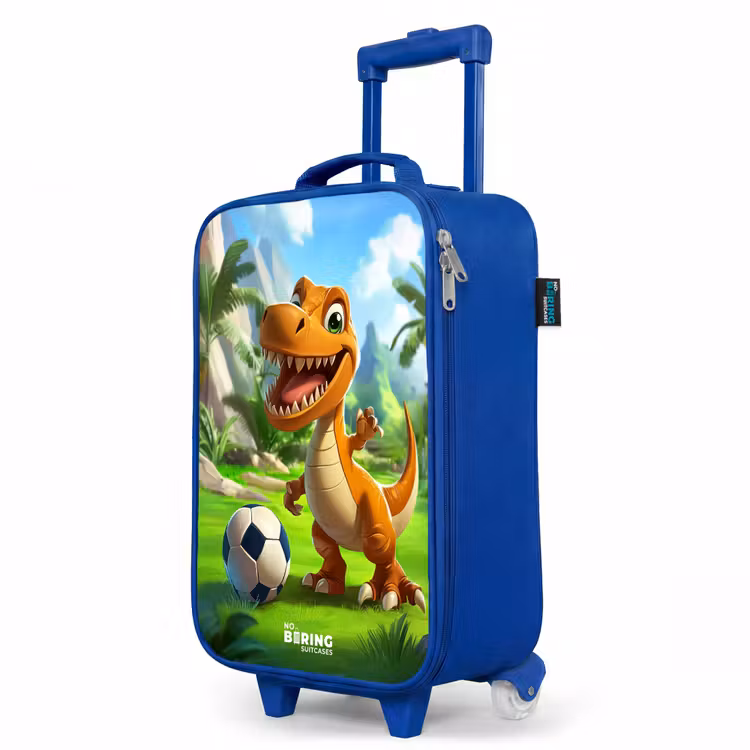 Kinderkoffer Blau - Dino mit einem Fußball in grüner Landschaft — 8