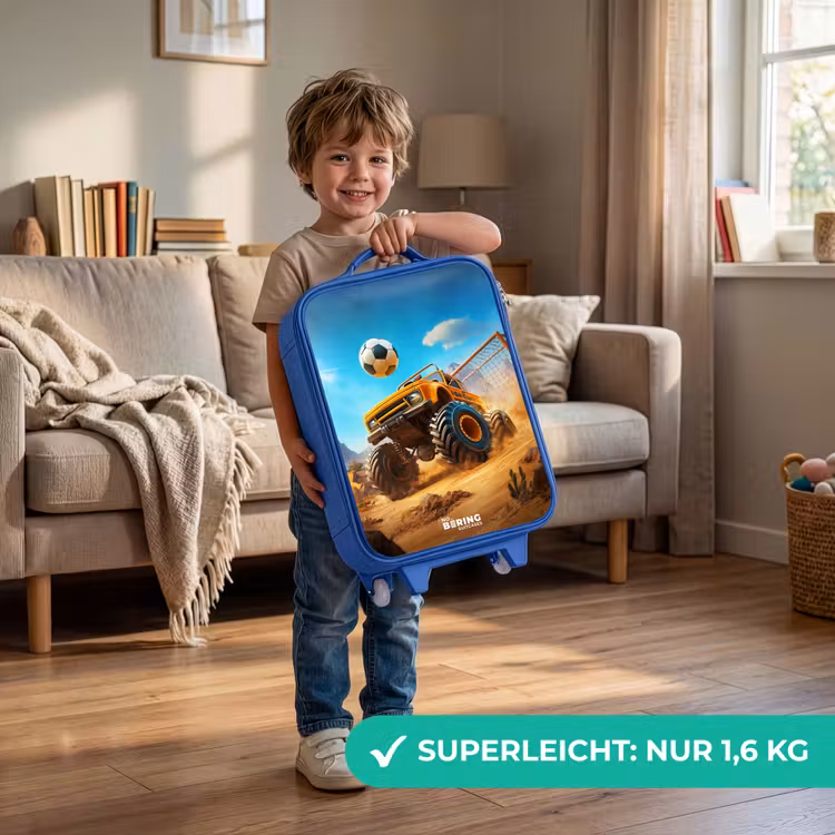 Kinderkoffer Blau - Monstertruck schießt Tor im Wüstenstadion — 3