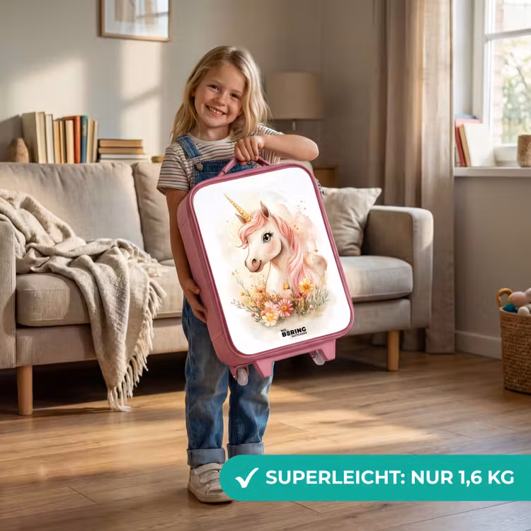Kinderkoffer Rosa - Einhorn mit rosa Mähne zwischen pastellfarbenen Blumen — 3
